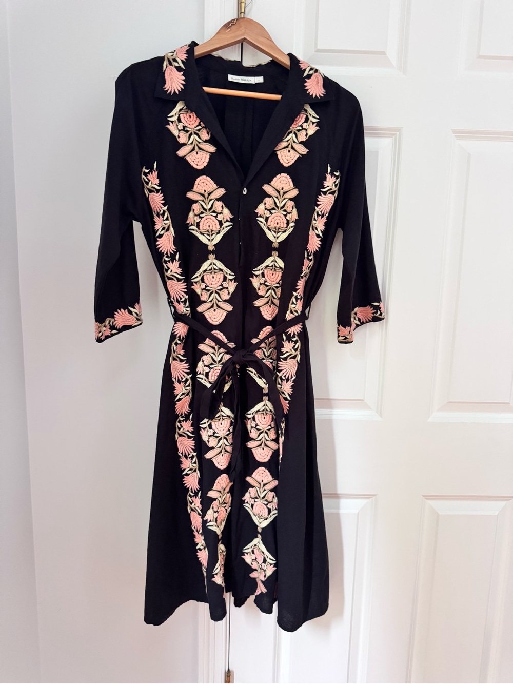 Roller Rabbit Black Midi Belted Dress with Pink and Cream Embroidery Sz M Slip